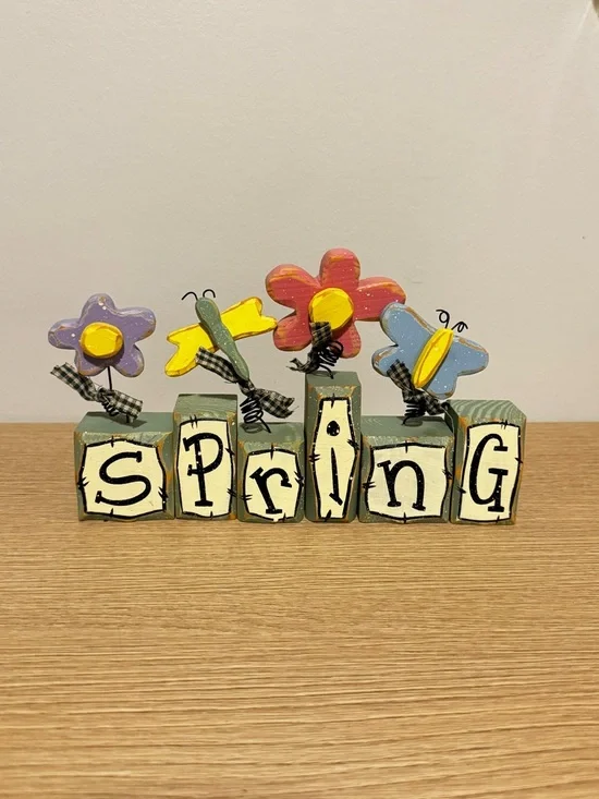 Wooden 'Spring' Block Sign with Colorful Flowers - Picture 1 of 5